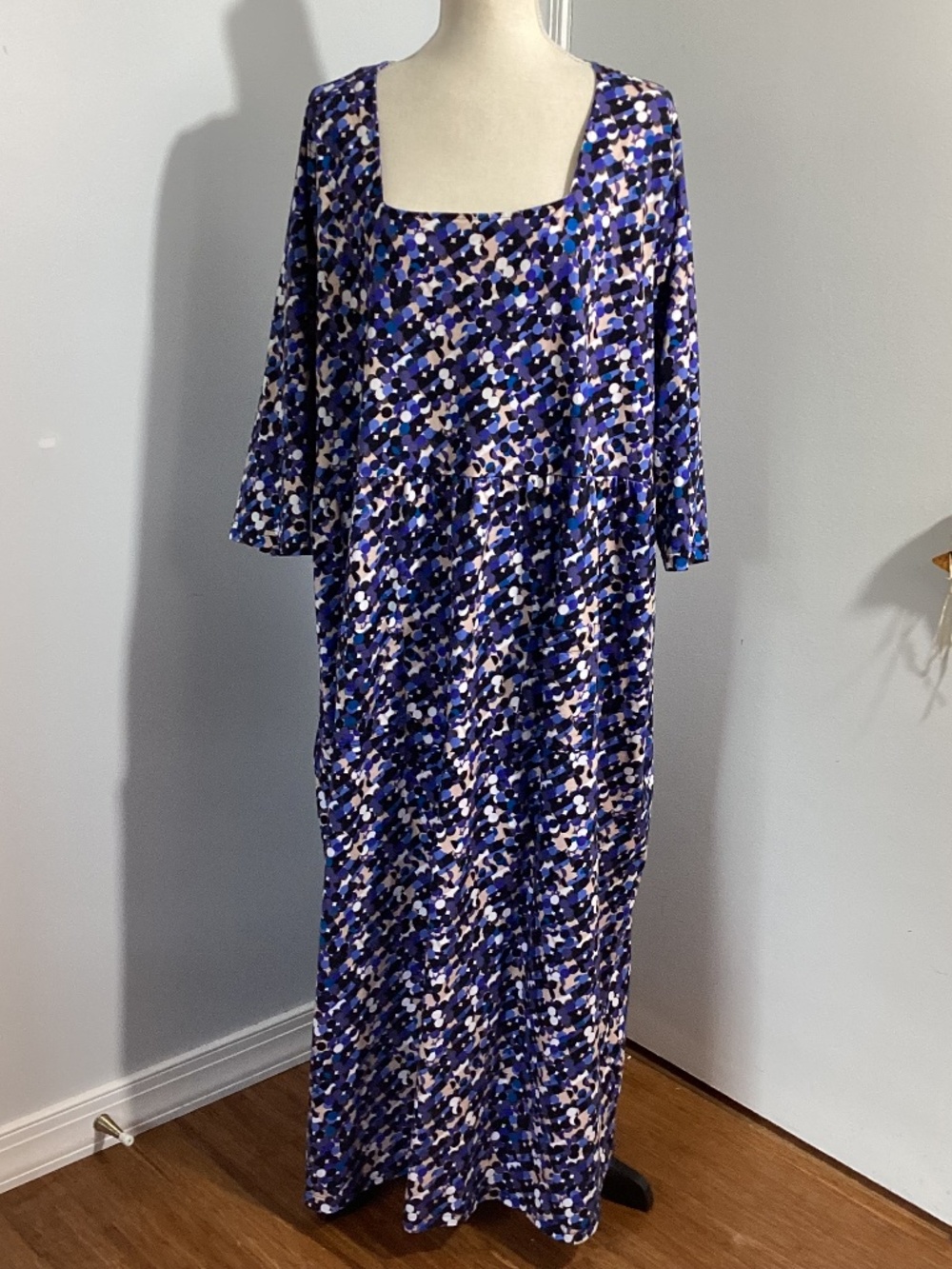 ULLA POPKEN 24/26 MAXI KNIT DRESS NAVY BLUE POLKA DOT SQUARE NECK RELAXED FIT